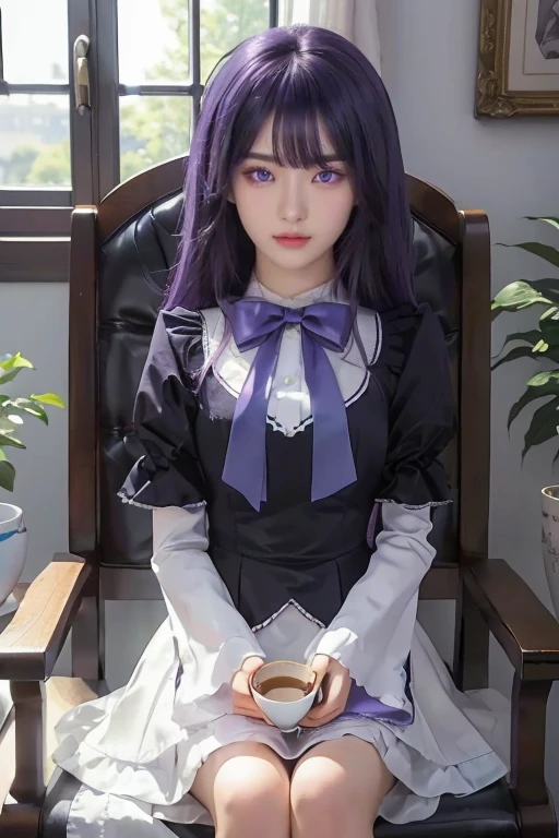 ultra-detailed, Beautiful Nose, Beautiful character design, perfect eyes, perfect face, ultra highres, girl in a chair with a cup of coffee, professional cosplay, HD Raw Photography, professional photoshoot, a cute girl, cosplay of anime girl in a maid costume, high detailed official artwork, in dress, frederica bernkastel, purple eyes, purple hair, long hair, 16K CGI, photorealistic, purple bow, dress, frills, empty eyes. expressionless, Masterpiece
