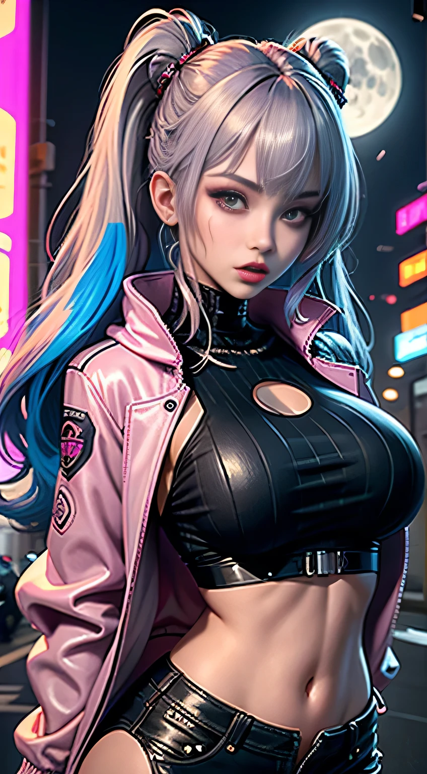 sfw, lucy \(cyberpunk\), 1girl, hair scrunchie, hime cut, silver hair, colored tips, full moon, grey eyes, jacket, long sleeves, looking at viewer, medium hair, multicolored hair, parted bangs, parted lips, pink hair, portrait, red eyeliner, red lips, solo, white jacket, cyberpunk \(series\), rainy night in a cyberpunk city with glowing neon lights, wearing bra,((skinny waist)), young asian girl, ((big breasted)),