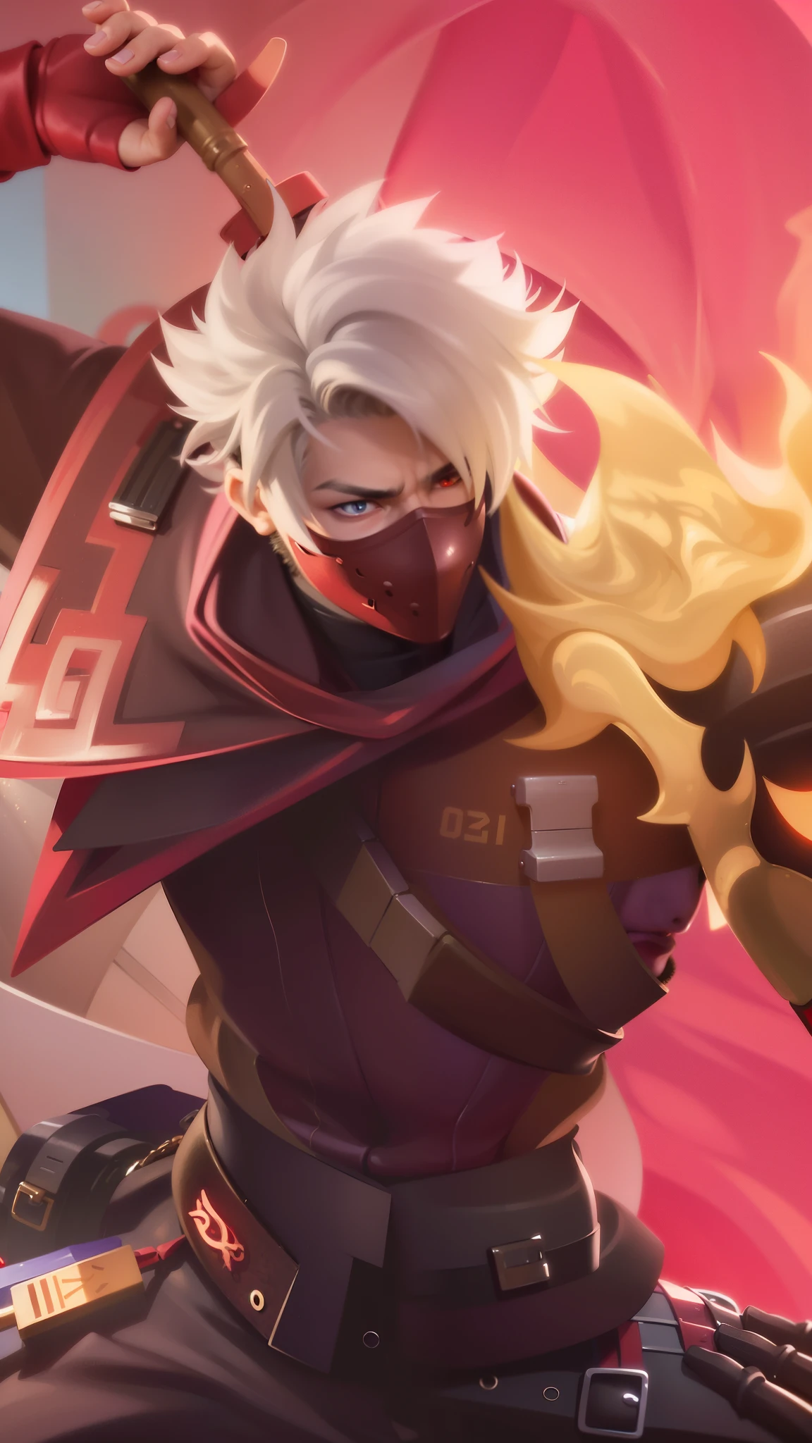 a close up of a guy with a steampunk mask on, Best quality, masterpiece, detailed skin texture, detailed clothes texture, detailed face, super detail, 8k, intricate detail, 1 boy, The color doesn't change, Muscle guy, 1 guy, strong red eye glow (red eye:1.2), holding a sword and a fire.