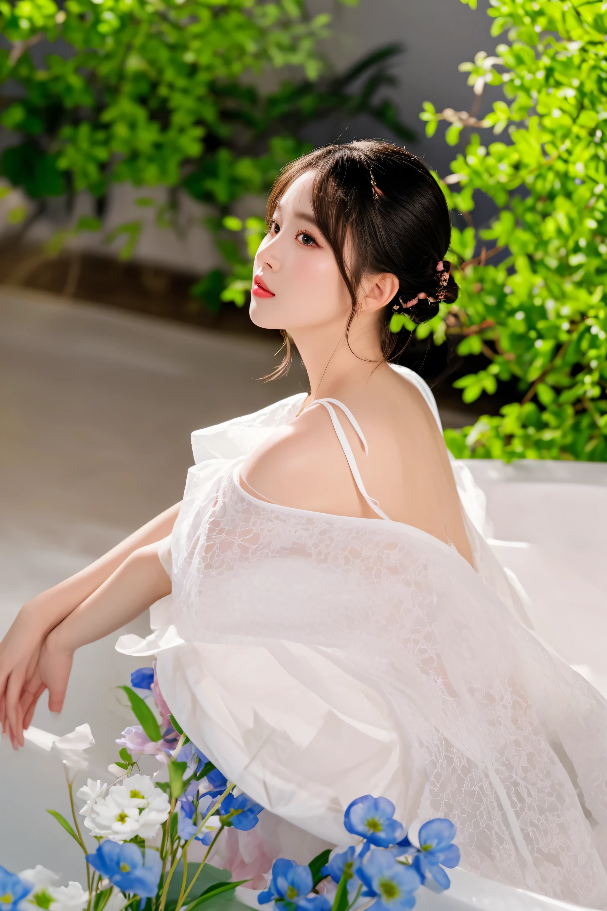 there is a woman sitting in a bathtub with flowers in the background, white hanfu, beautiful south korean woman, captured on canon eos r 6, portrait shot, sakimichan, a beautiful woman in white, cute elegant pose, portrait image, in white clothes, inspired by Huang Ji, hwang se - on, heonhwa choe, solo photoshoot