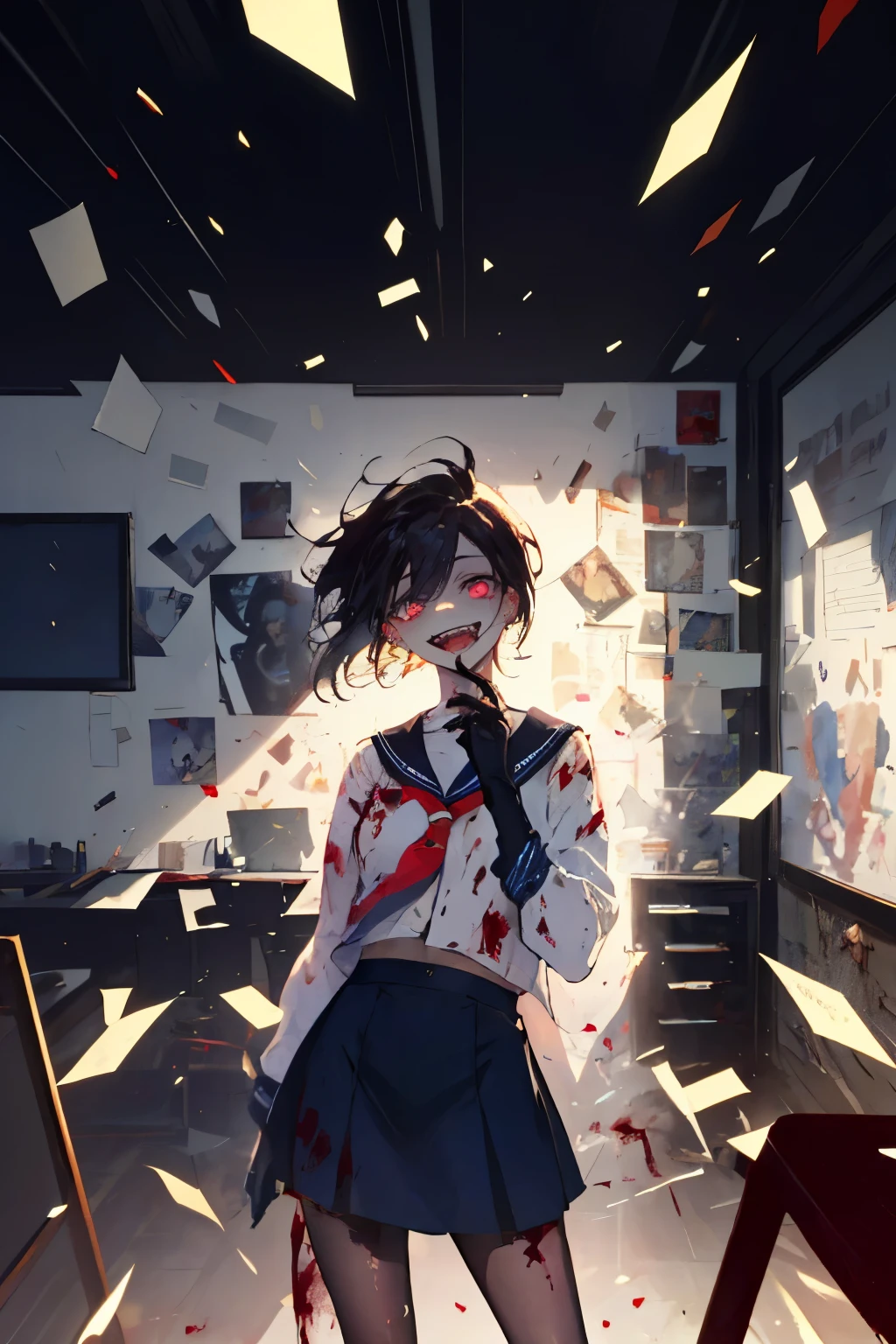 Please generate a close-up, portrait-style anime image of a yandere girl. She has long, disheveled black or dark brown hair, with large, gleaming eyes filled with a crazed light, and her pupils slightly contracted. She wears a classic Japanese high , a white shirt with a sailor skirt that has some blood stains. She has a dangerously alluring figure. She holds a bloodied knife in her hand, with an eerie and maniacal smile on her face, her mouth unnaturally wide and twisted. The background is a dimly lit classroom with blood stains and graffiti on the walls. The floor is littered with broken books and glass shards, creating a sinister and terrifying atmosphere. She should appear intensely obsessed with the viewer, her eyes fixed on them with a look of dangerous devotion and possessiveness. The image should be highly detailed, a masterpiece with excellent lighting and the best possible quality.