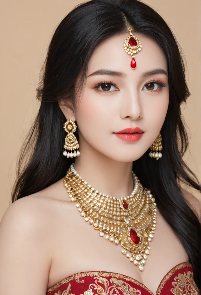 Beautiful princess, indian red gold plated lahenga, necklace, hair accessories, glass skin light makeup, nute lips, black long weavy hair.