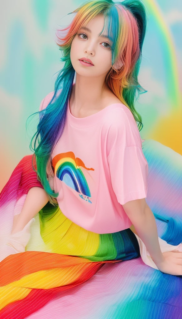 (Pink Fashion T-Shirt:1.9)、(colorfulな髪:1.8)、(All the colors of the rainbow:1.8)、((((Portrait:1.6)))、(Picturesque:1.6)、frontage、Big eyes、Clear eyes、(虹色のGradationハイポニーテール:1.7)、Exquisite makeup、Mouth closed、(Small Fresh:1.5)、(Wipe the chest:1.6)、Long-term、A man wearing a white off-the-shoulder T-shirt with tears in his eyes、(Rainbow Hair:1.6)、An explosion of colors, Messy Lines, ((Shine)), (colorful), Chic paint style, (Splashes of color), Portrait, Browsing Caution、 Paint splashes, Acrylic Pigments, Gradation, Depth of written boundary, facepaint, colorfulな服, (elegant: 1.2), nice,Hair length, Wind, (elegant: 1.3), (petal:1.4)、(((masterpiece)))、(((highest quality)))、((Ultra-detailed))、(Dynamic Angle)、((plankton))、(paint)、((Disheveled Hair))、(solo)、((Beautifully detailed face))、Shoulder pain、Gray Hair、((colorfulな髪))、(((Striped Hair))、Beautiful and fine details、(Gradationカラーの目)、((Camel Toe))、(colorfulな背景))))、((((High saturation))))、(((colorfulな水しぶきに囲まれた)))