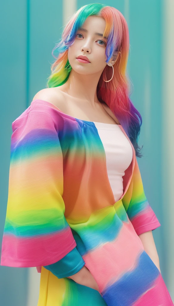 (Pink Fashion T-Shirt:1.9)、(colorfulな髪:1.8)、(All the colors of the rainbow:1.8)、((((Portrait:1.6)))、(Picturesque:1.6)、frontage、Big eyes、Clear eyes、(虹色のGradationハイポニーテール:1.7)、Exquisite makeup、Mouth closed、(Small Fresh:1.5)、(Wipe the chest:1.6)、Long-term、A man wearing a white off-the-shoulder T-shirt with tears in his eyes、(Rainbow Hair:1.6)、An explosion of colors, Messy Lines, ((Shine)), (colorful), Chic paint style, (Splashes of color), Portrait, Browsing Caution、 Paint splashes, Acrylic Pigments, Gradation, Depth of written boundary, facepaint, colorfulな服, (elegant: 1.2), nice,Hair length, Wind, (elegant: 1.3), (petal:1.4)、(((masterpiece)))、(((highest quality)))、((Ultra-detailed))、(Dynamic Angle)、((plankton))、(paint)、((Disheveled Hair))、(solo)、((Beautifully detailed face))、Shoulder pain、Gray Hair、((colorfulな髪))、(((Striped Hair))、Beautiful and fine details、(Gradationカラーの目)、((Camel Toe))、(colorfulな背景))))、((((High saturation))))、(((colorfulな水しぶきに囲まれた)))