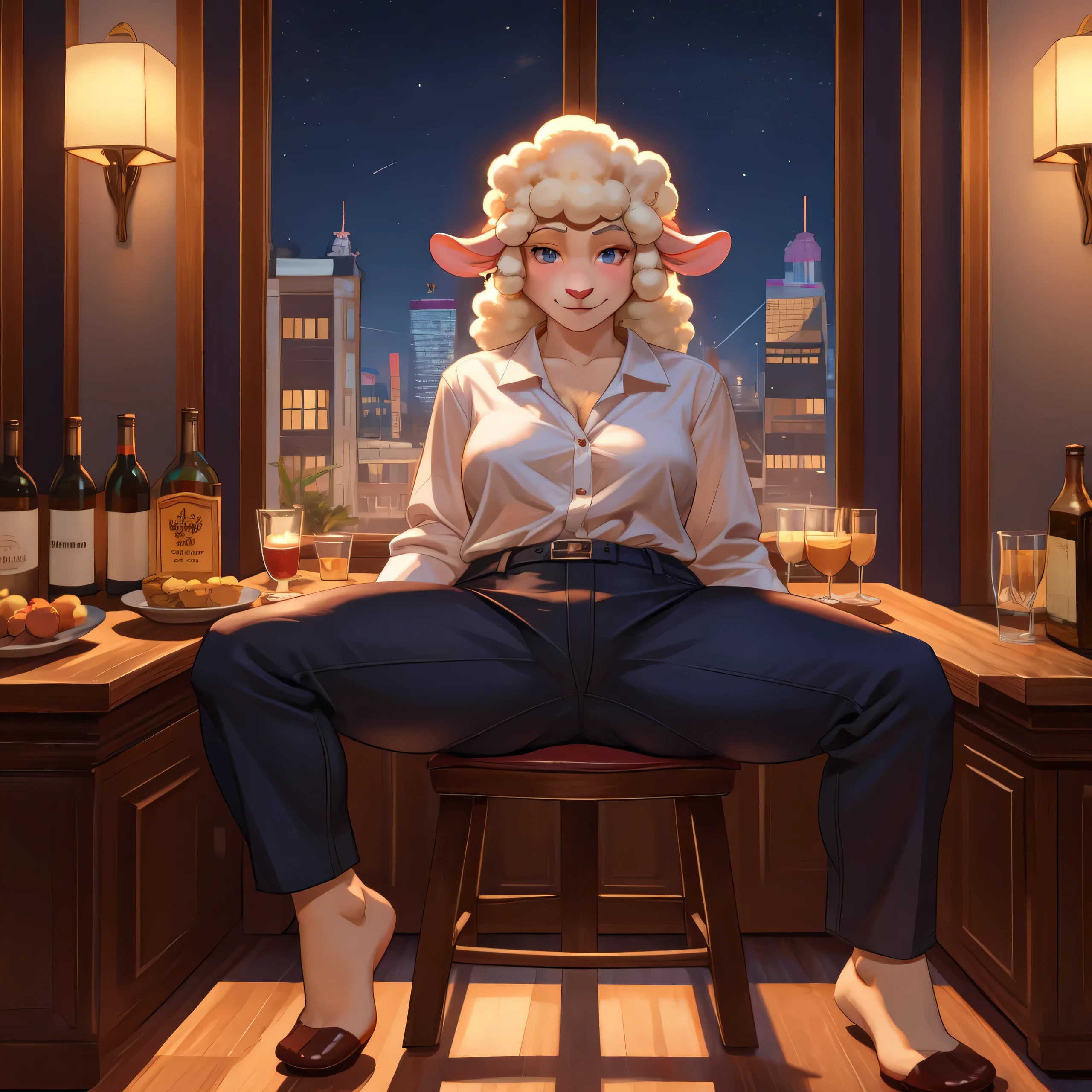 sheep, female, red dress, micro panties, pubic hair, spread legs, sitting on the table, drunk, smirk, hands between legs, on 32 floor, panoramic window, city behind window, night, by chelodoy, partially visible pussy