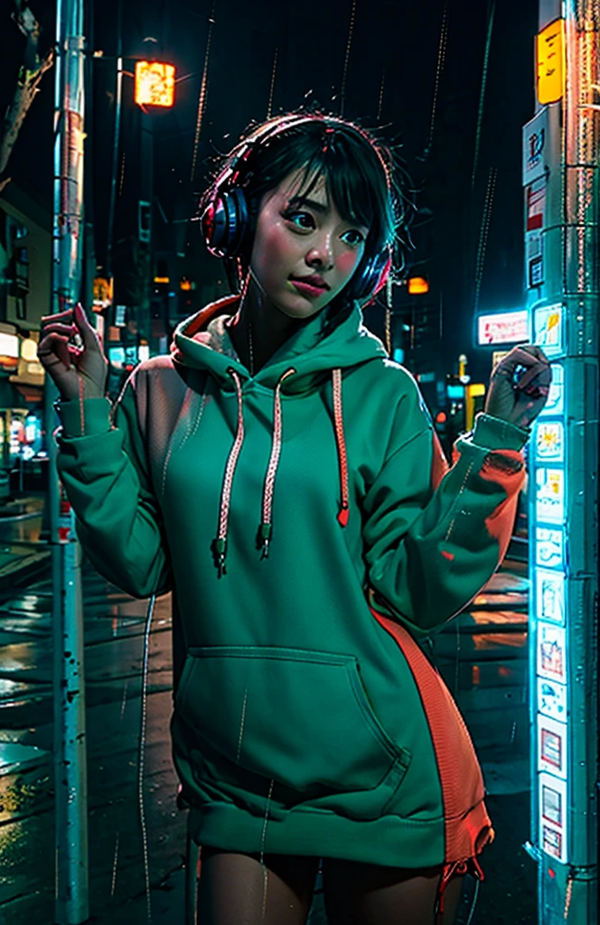 masterpiece, One Girl, alone, Unbelievably absurd, hoodie, Headphones, street, Outdoor, rain, neon,