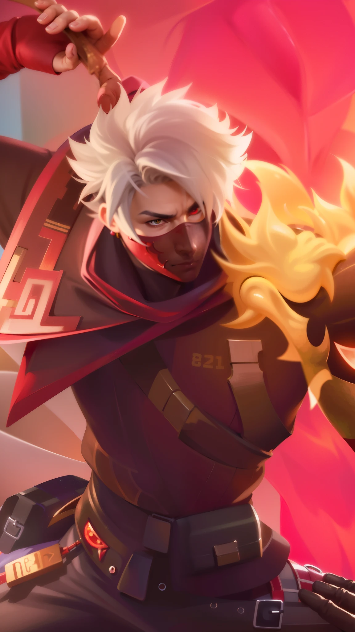 a close up of a guy with a steampunk mask on, Best quality, masterpiece, detailed skin texture, detailed clothes texture, detailed face, super detail, 8k, intricate detail, 1 boy, The color doesn't change, Muscle guy, 1 guy, strong red eye glow (red eye:1.2), holding a sword and a fire.