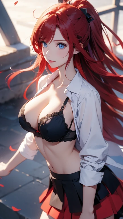 anime girl with red hair and blue eyes wearing a skirt and an open shirt revealing a black bra