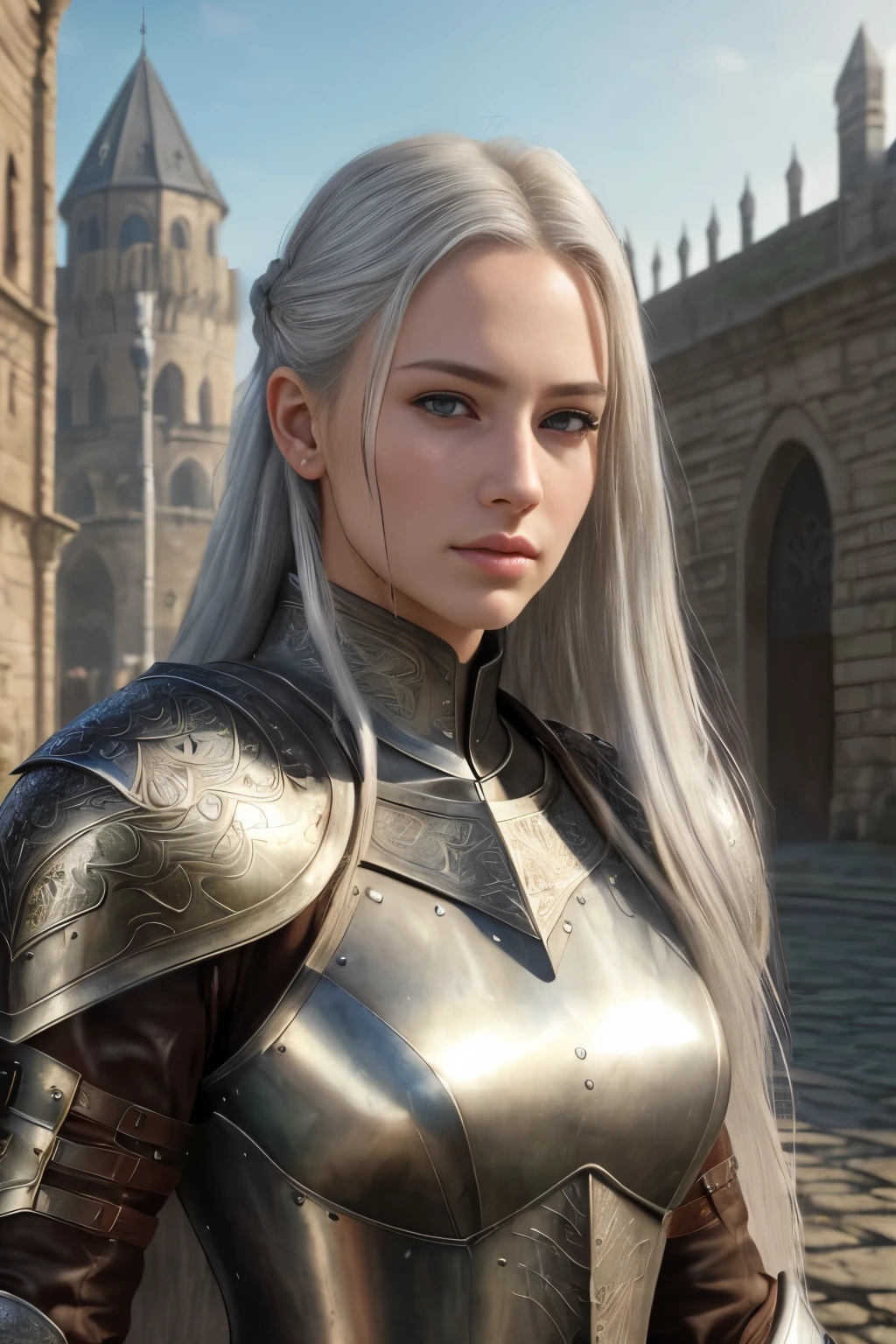 Photo of a young woman, raw, Enigmatic beauty, (Extra long silvery hair), leather hunting outfit, ((Portrait)), ((Detailed face:1.2)), ((old city gates in the background)), ((surrounded by spectral figures)), (ghostly beings, souls, assail her, lay invisible tangles), her hair flowing wildly, pegasus hooves, (Photo-realism:1.4), (Photorealistic:1.3), (Photorealistic digital art trending on Artstation 8k HD high definition detailed realistic), (Detailed skin texture), (hyperdetailed), (leather armor), (best quality), ultra high resolution, hyper