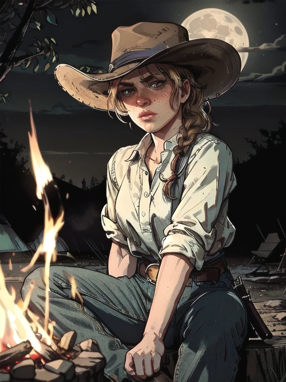 cinematic film still (8k, RAW photo, best quality, masterpiece:1.2),ultra-detailed, (high detailed skin:1.2), 8k uhd, dslr, soft lighting, high quality,   rdr2sadie, 1girl, freckles, braid, shirt, cowboy hat, long hair, looking at viewer, rolled_up_sleeves, tight_jeans, cowboy_boots, white shirt, outdoors, night, stars, full_moon, sitting_outdoors, at_campfire, fire, looking_down_at_the_flames, . shallow depth of field, vignette, highly detailed, high budget, bokeh, cinemascope, moody, epic, gorgeous, film grain, grainy