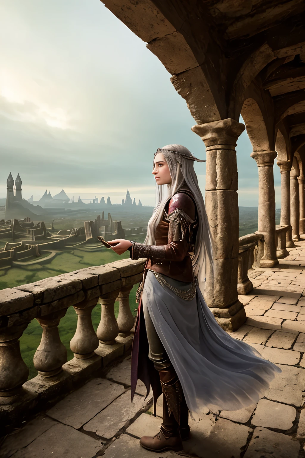 A youthful enchantress with cascading silvery locks, adorned in a rugged leather hunting attire, stands steadfast before the ancient city gates. Surrounding her is a spectral chorus of wandering souls, relentlessly assailing her from every corner, yanking at her spirit and weaving intricate traps for her feet with unseen tendrils. The desolate backdrop of the city walls fades into a blurry oblivion, serving as a stark contrast to the spectral chaos that envelops the enchantress in this haunting scene. This ethereal image, captured with meticulous precision, is a masterpiece of unparalleled realism, show