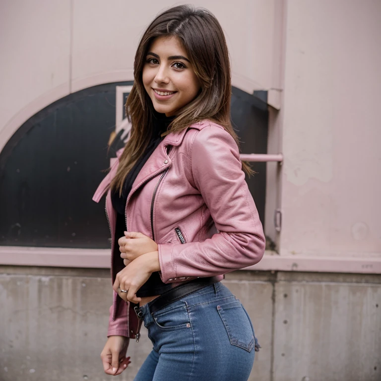 Daniella Monet dressed in pink leather jacket and velvet jeans smiling