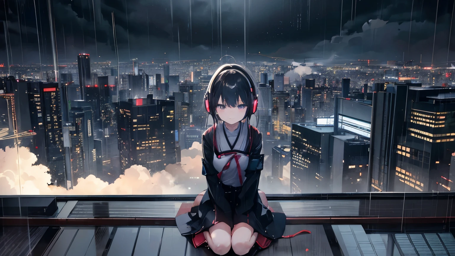 Tokyo、Shibuya、building、rooftop、rain、puddle、tatami、大きなnull、、梅rain、null、cloud、uniform、、youth、A sad, slightly smiling face、Headphones、Panorama、Boots