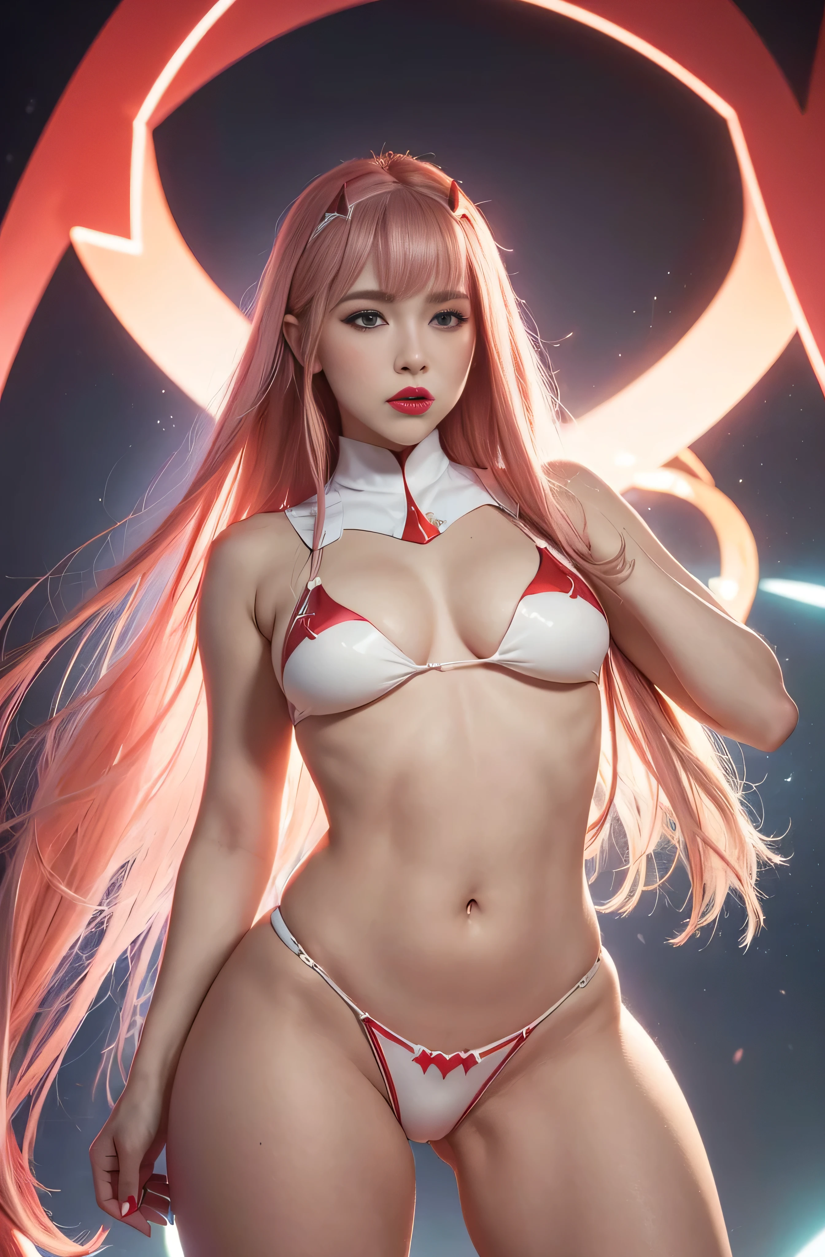 (Best quality, masterpiece: 1.1), (fidelity: 1.4), 1 girl, ((Zero Two/Darling in the Franxx)), ((uniform)), upper body, very long hair, study, very young girl, ((very small breasts)), extremely beautiful woman, ((ultra detailed and toned legs)), ((very wide hips)), ((very thick and toned thighs)), (sexy), ((extreme hourglass figure)), ((very thick heart lips)), ((very small and thick lips)), ((red lipstick)), ((angry look)), (blush), (makeup), ((she is angry))