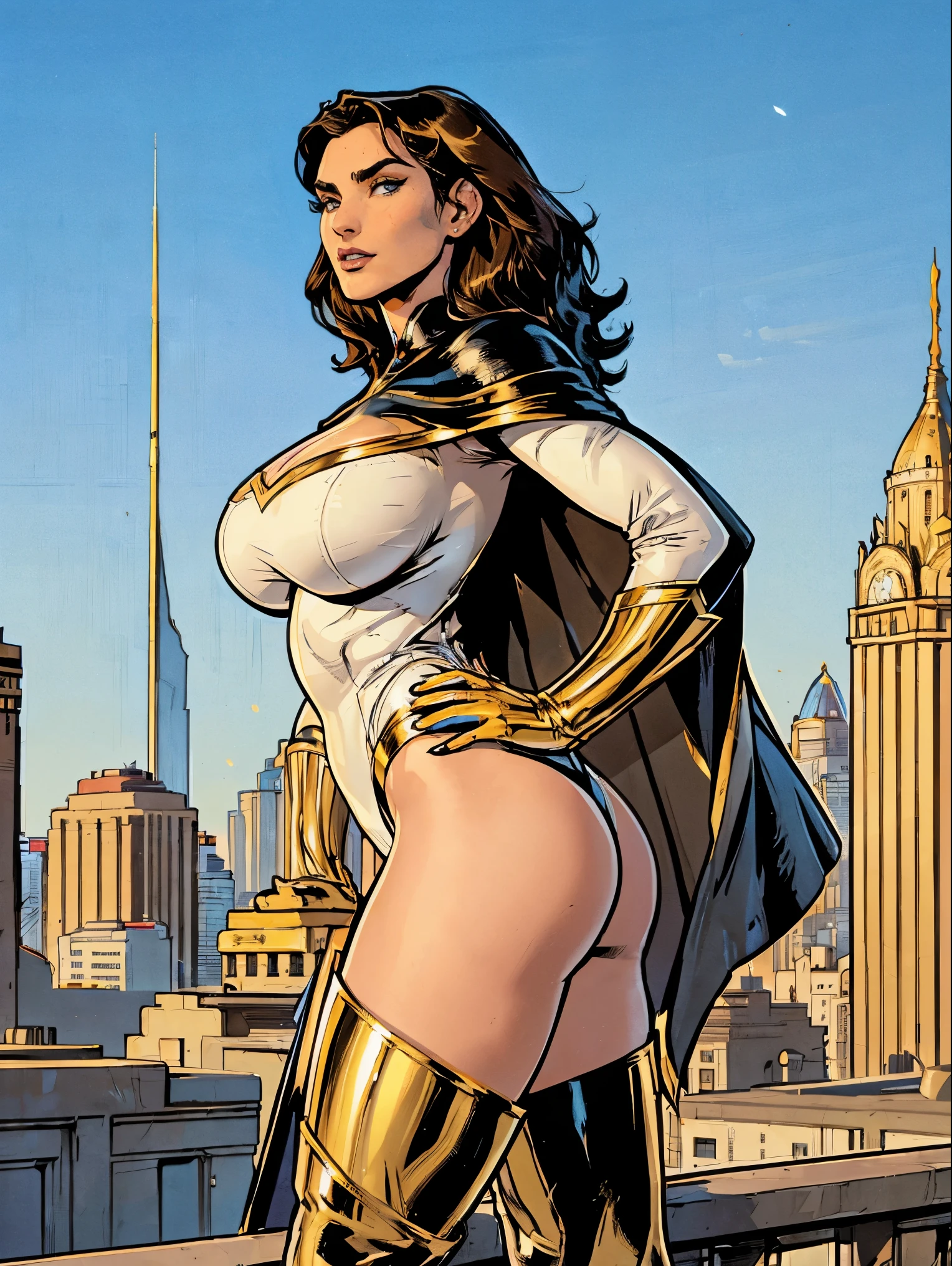 Gorgeous and sultry busty athletic (thin) brunette with sharp facial features and a (large nose) and (huge boobs) wearing a white and gold superhero leotard, cape, gloves, thigh-high boots. City skyline, rooftops.