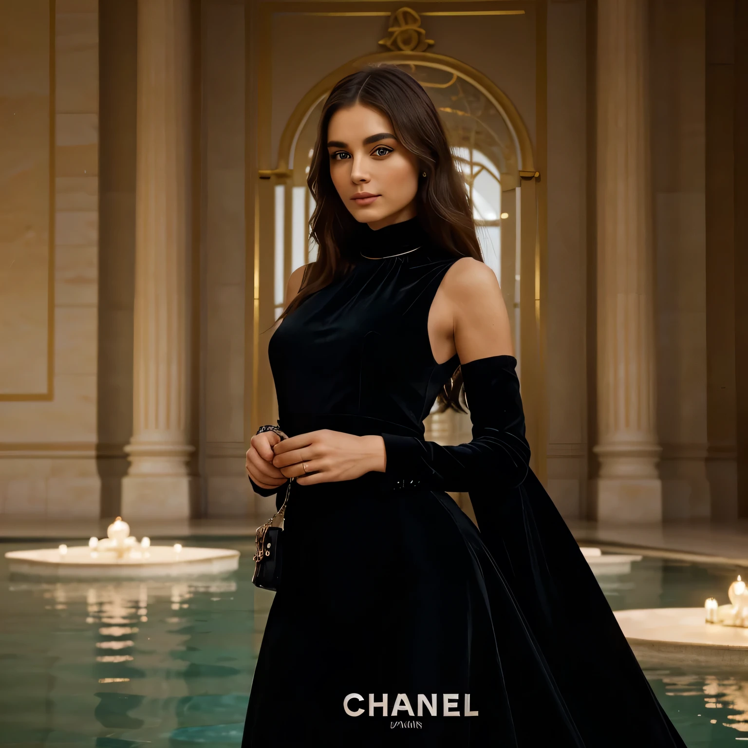 "Dive into the world of impeccable style and unparalleled elegance with the new perfume from Chanel. In this advertisement, you will encounter beauty and refinement at their highest expression. Against the backdrop of the inspiring Louvre in Paris, you will see a graceful woman in an exquisite velvet dress, her long hair caressed by soft light, creating an atmosphere of pure aesthetics. The green eyes of this woman sparkle with vibrant fire, attracting gazes and leaving an unforgettable impression. The realism of the scene makes you believe in this moment of beauty, inviting you to immerse yourself in the world of Chanel and enjoy true luxury."