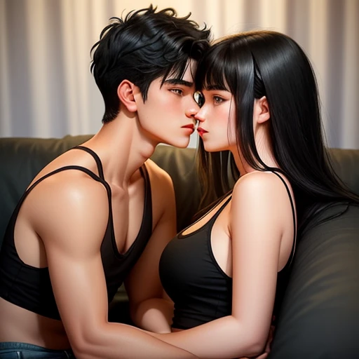 20-years-old boy and 18-years-old girl lovemaking. Couple black hair. Cute boy with black hair. The cute girl with black hair use a sexy black tanktop with sexy face. They almost kissing. Intimate vibes. Making love. Seductive hot