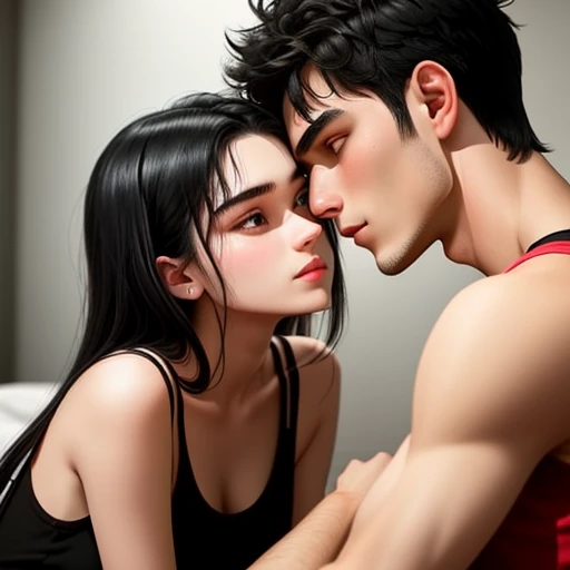 20-years-old boy and 18-years-old girl lovemaking. Couple black hair. Cute boy with black hair. The cute girl with black hair use a sexy black tanktop with sexy face. They almost kissing. Intimate vibes. Making love. Seductive hot