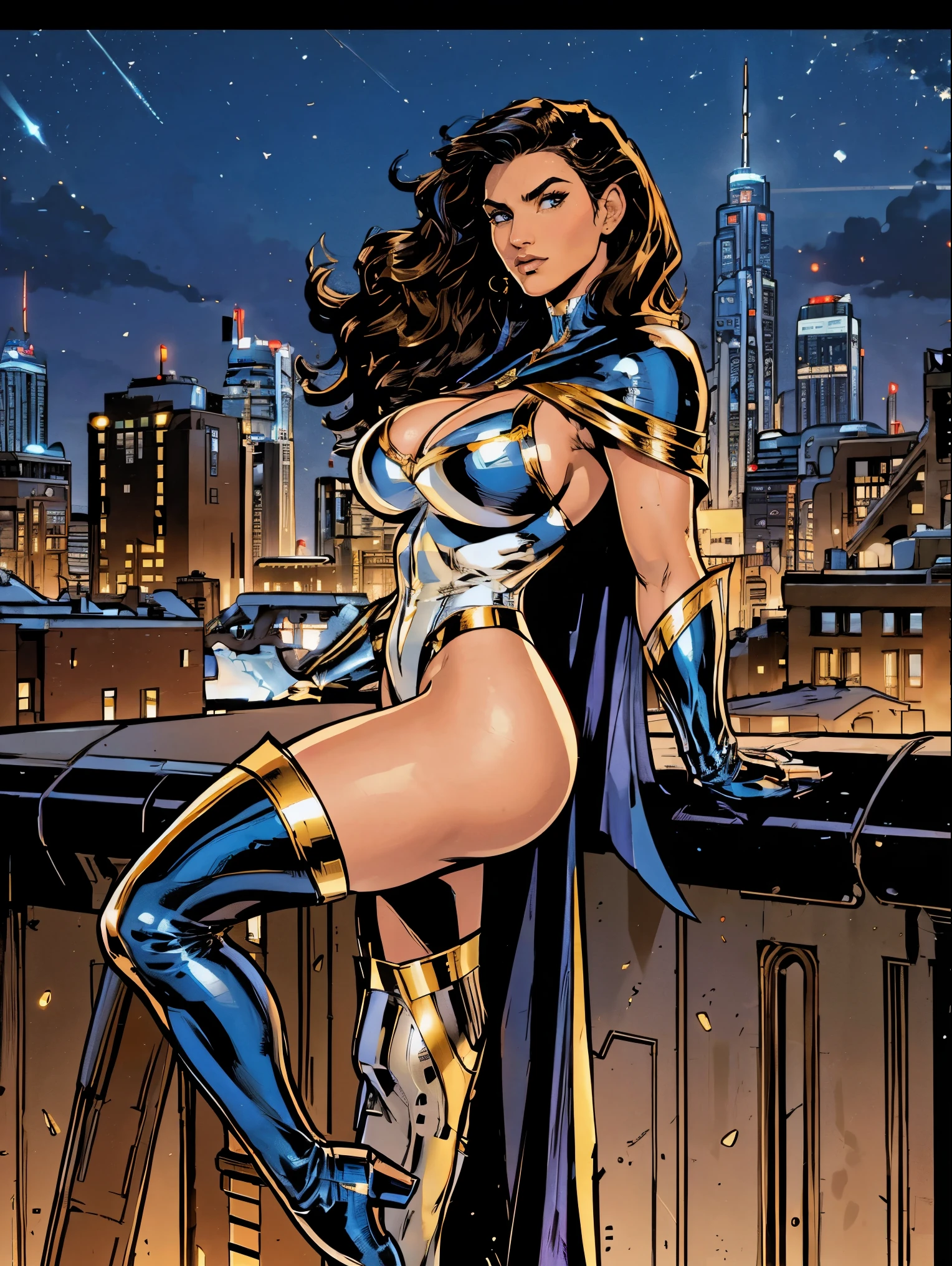 Gorgeous and sultry busty athletic (thin) brunette with sharp facial features and a (large nose) and (huge boobs) wearing a white and gold superhero leotard, cape, gloves, thigh-high boots. City skyline, rooftops.