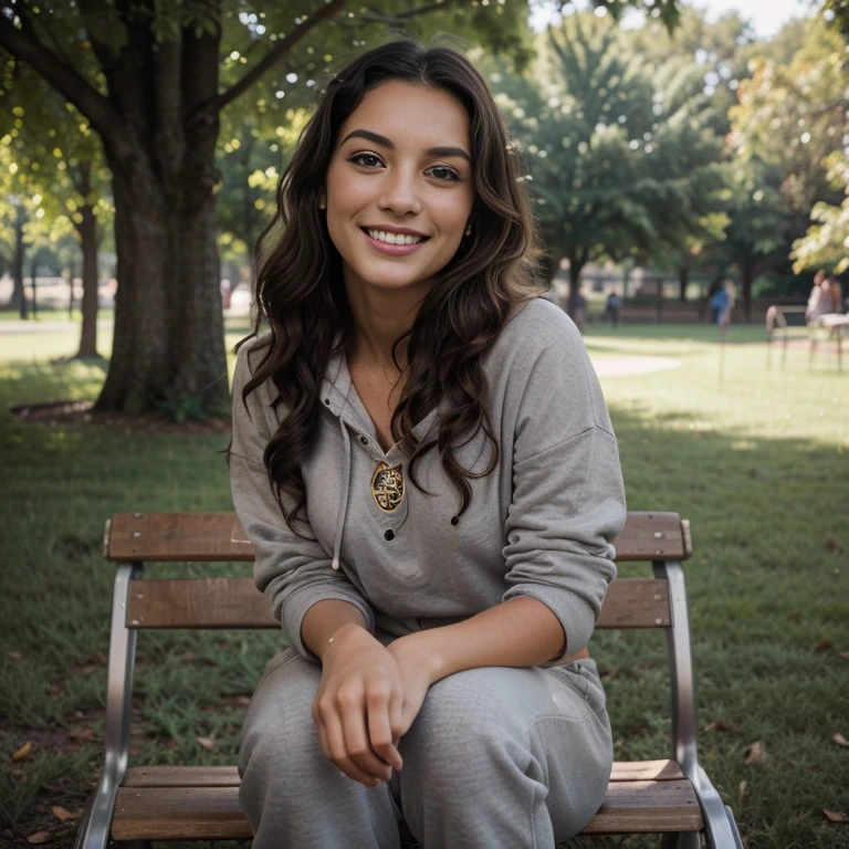 (a young girl)),((long black curly hair)),light brown eyes,(((natural makeup,radiant skin,aesthetic fitness body,,smooth skin,enchanting, freckle))),((grey color united hoodie, jean pant )),((joyfully smiling, laughing)),((ultra-realistic skin texture)),(( picture at school, in the park seat in the grass))),enjoying,full body,masterpiece,face realistic,8k,perfect eyes,FujiFilm xt3,Gold hour,85mm,best quality,high resolution,