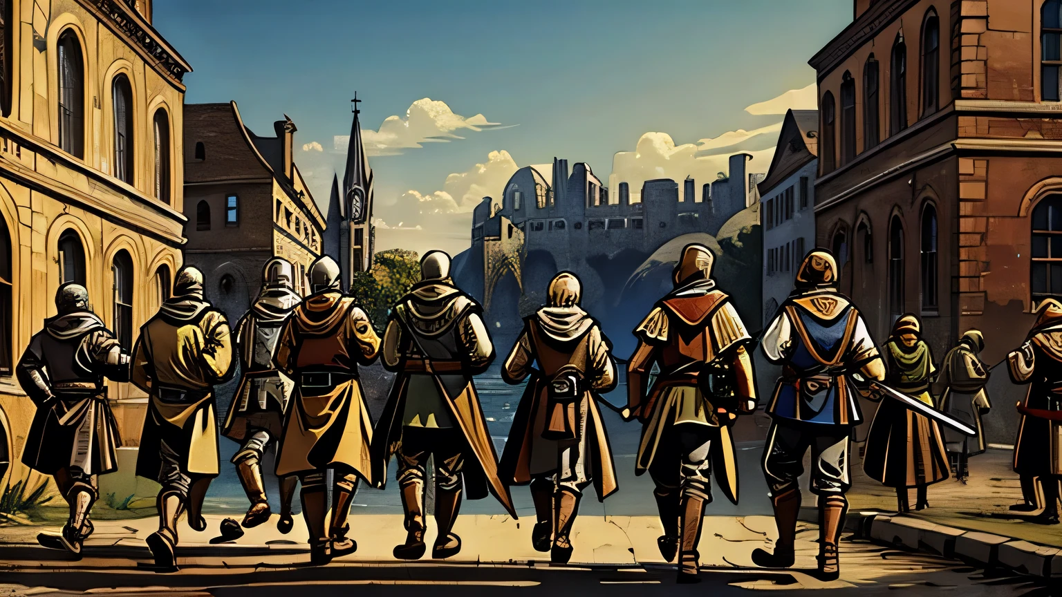 Adventurers AND MEDIEVAL WARRIORS arriving in the city, arousing the curiosity of residents