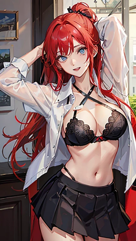 anime girl with red hair and blue eyes wearing a skirt and an open shirt revealing a black bra