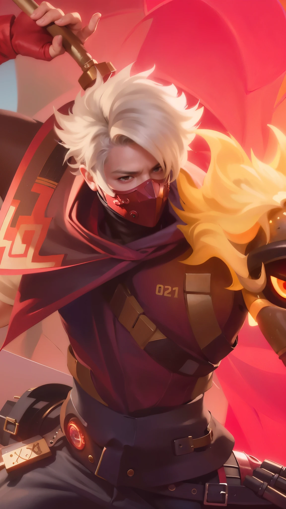 a close up of a guy with a steampunk mask on, Best quality, masterpiece, detailed skin texture, detailed clothes texture, detailed face, super detail, 8k, intricate detail, 1 boy, The color doesn't change, Muscle guy, 1 guy, strong red eye glow (red eye:1.2), holding a sword and a fire.