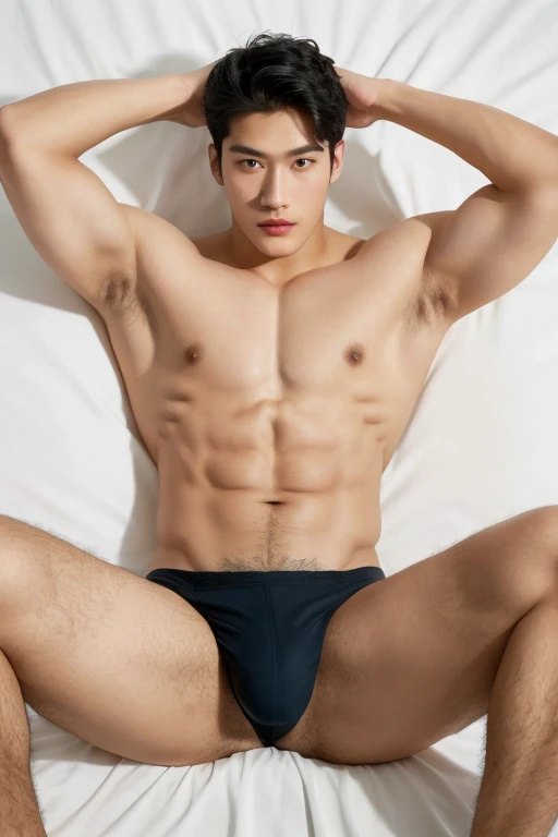 full body shot of an Asian male Model, 16 years old young man with very nice chest, big biceps, perfect face model, with symmetrical facial features, facial hair, attractive facial features, perfect face, flawless face, perfect facial features, clean perfect symmetrical face, richly defined face, clean beautiful symmetrical face, attractive symmetrical face, perfect face and eyes, shirtless, lying on the bed, lifted arms, spread legs, sexy bikini T-back, UHD, 8K resolution