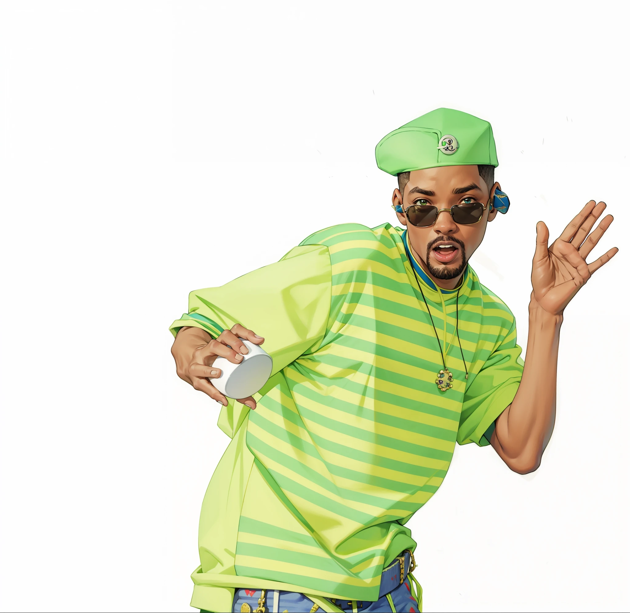 Will Smith, extremamente realista, The Fresh Prince of Bel-Air, bone verde, camiseta verde listrada, calca larga, estilo anos 90, muito bonito, ovindo musica no fine de ouvido