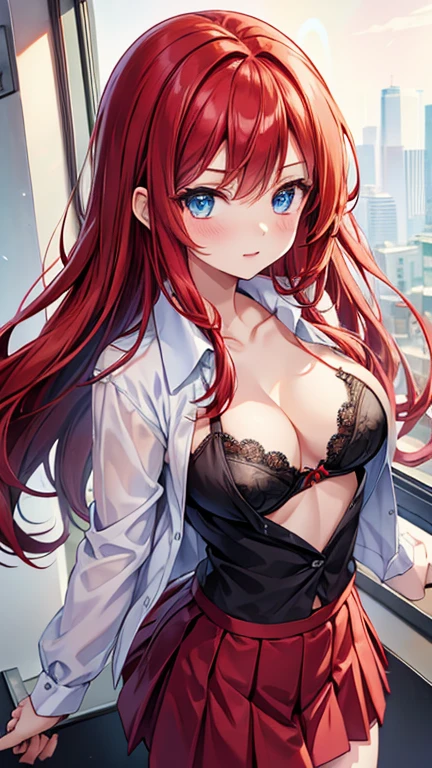 anime girl with red hair and blue eyes wearing a skirt and an open shirt revealing a black bra