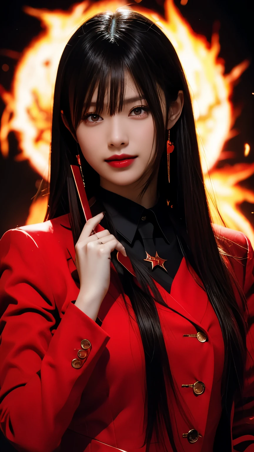 One girl,Brunette color hair,Red eyes,Fire Witch,Blood,Particles of light,light,wallpaper,High contrast,Dazzling,