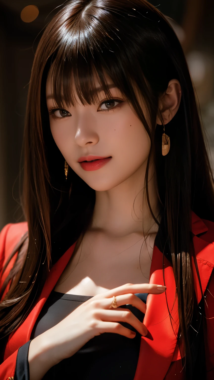 A close up of a woman in a red jacket and black top - SeaArt AI