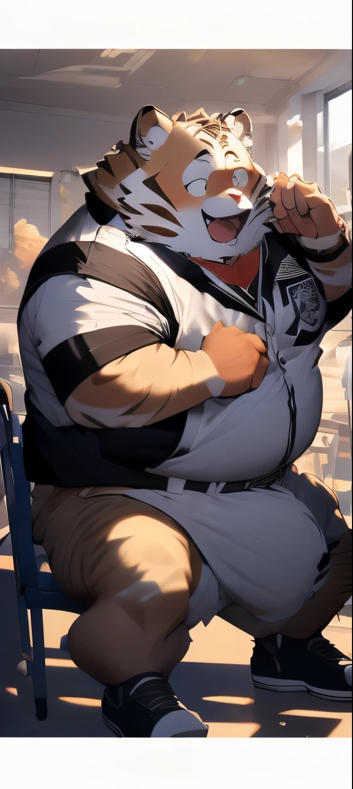(masterpiece, best quality), 1man, musculous, short detailed hair, with brown eye, complex, (dress room), full bodyesbian, White baseball uniform, Open dark gray jacket, vivd colour,(depth of fields:1.2),(abs),Be red in the face，looking at viewert，A piano，spread their legs，