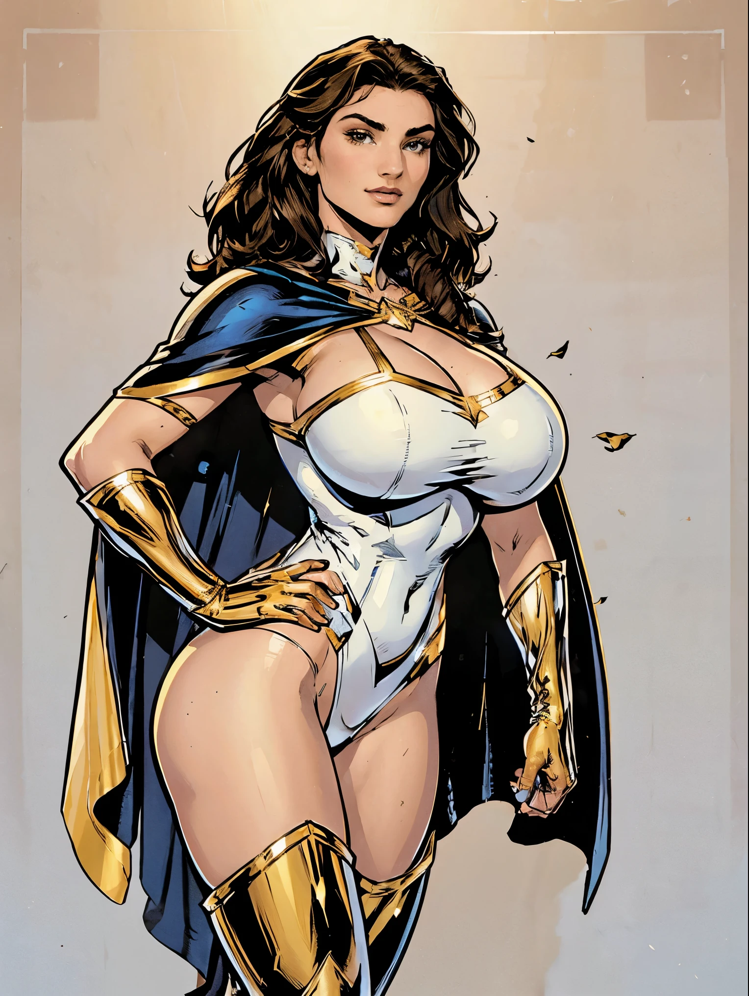 Gorgeous and sultry busty athletic (thin) brunette with sharp facial features and a (large nose) and (huge boobs) wearing a white and gold superhero leotard, cape, gloves, thigh-high boots