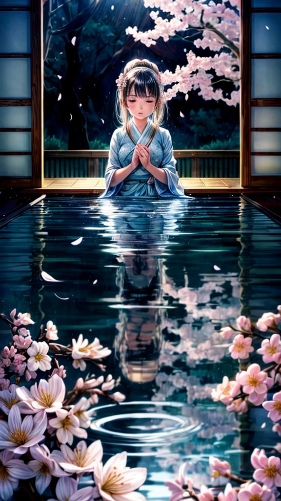 (best quality,ultra-detailed), A girl soaking her feet in a foot bath, traditional Japanese-style foot bath, beautiful detailed toes, clear water reflection, delicate porcelain tub, soothing atmosphere, soft ambient lighting, traditional Japanese tatami mats, serene expression on her face, subtle steam rising from the water, cherry blossom petals floating in the air, light pink color palette, tranquil setting, peaceful and relaxing ambiance, a light fragrance of flowers in the air.