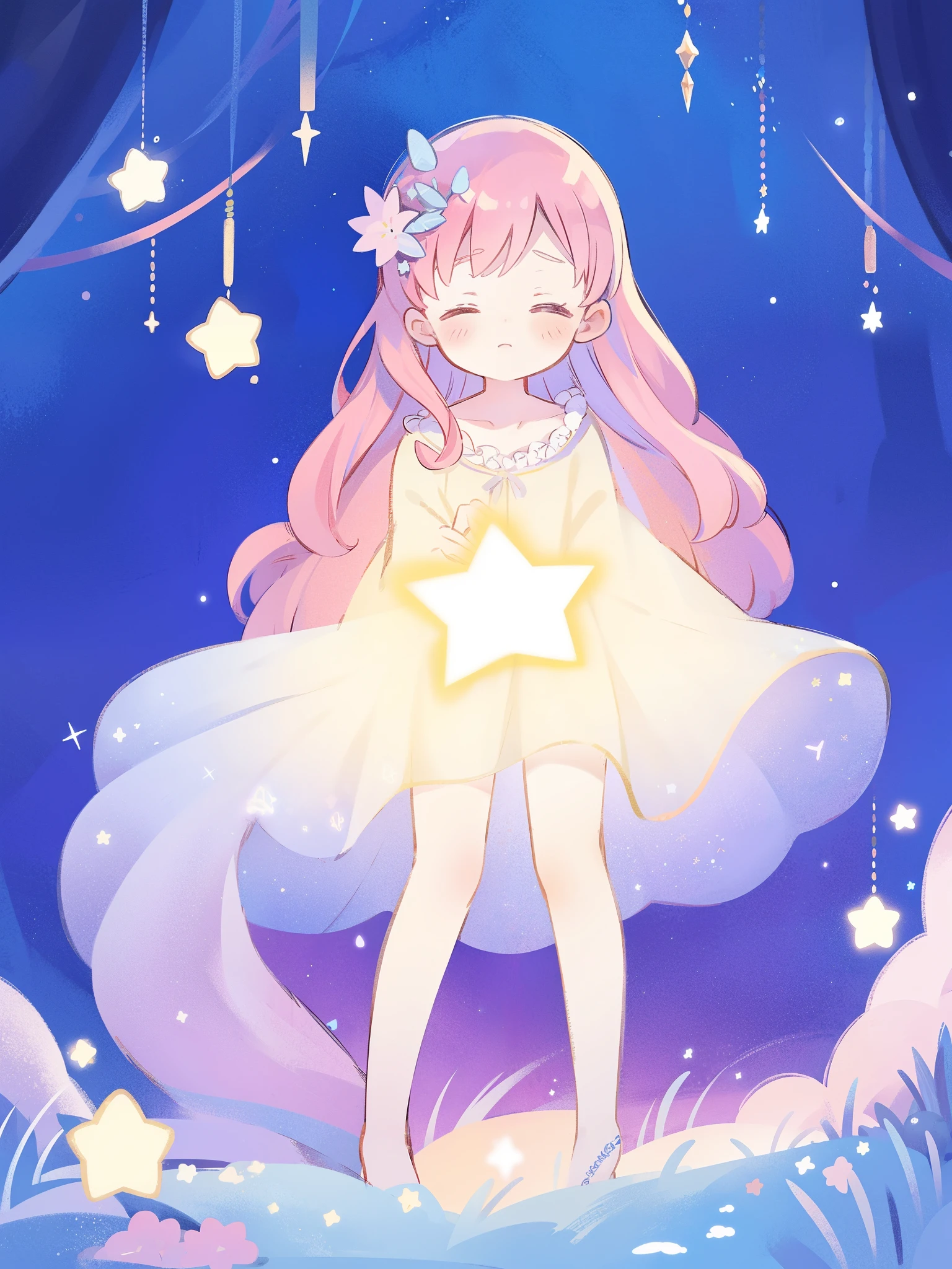 complex background, wishing star background, a woman wearing an ethereal mystical pink translucent dress that reflects the stars, perfume promo art, mystic, complex drawing, highly detailed, Covergirl brand, promo art, artistic rendition, ethereal, starry night, midjourney style