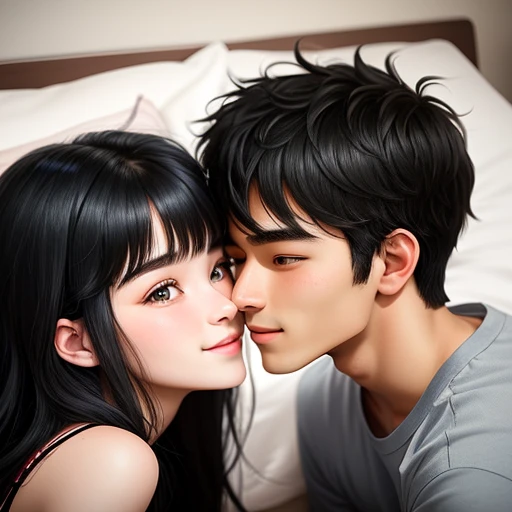 20-year-old boy and 18-year-old girl，Detailed face，Detailed eyes, double eyelid, cute, smile, sexy-girl, almost kissing, in bed. Couple pose. Black hair. hot-girl seductive-girl lovemaking. Couple black hair. Cute boy with black hair. The cute girl with black hair and blushing face. They almost kissing. Intimate vibes. Making love. 