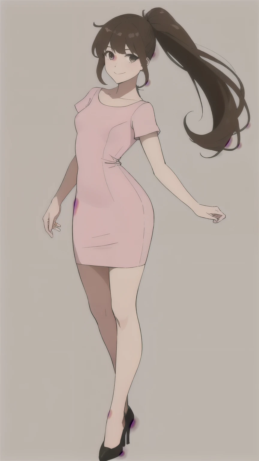 ultra detailed, masterpiece, best quality, solo, facing viewer, soft smile, light smile, 1girl, hazel eyes, very long hair, brown hair, long brown hair, high ponytail, bangs, posing, pink tight pencil dress, short sleeved dress, elegant dress, black pumps, tomboy, full body