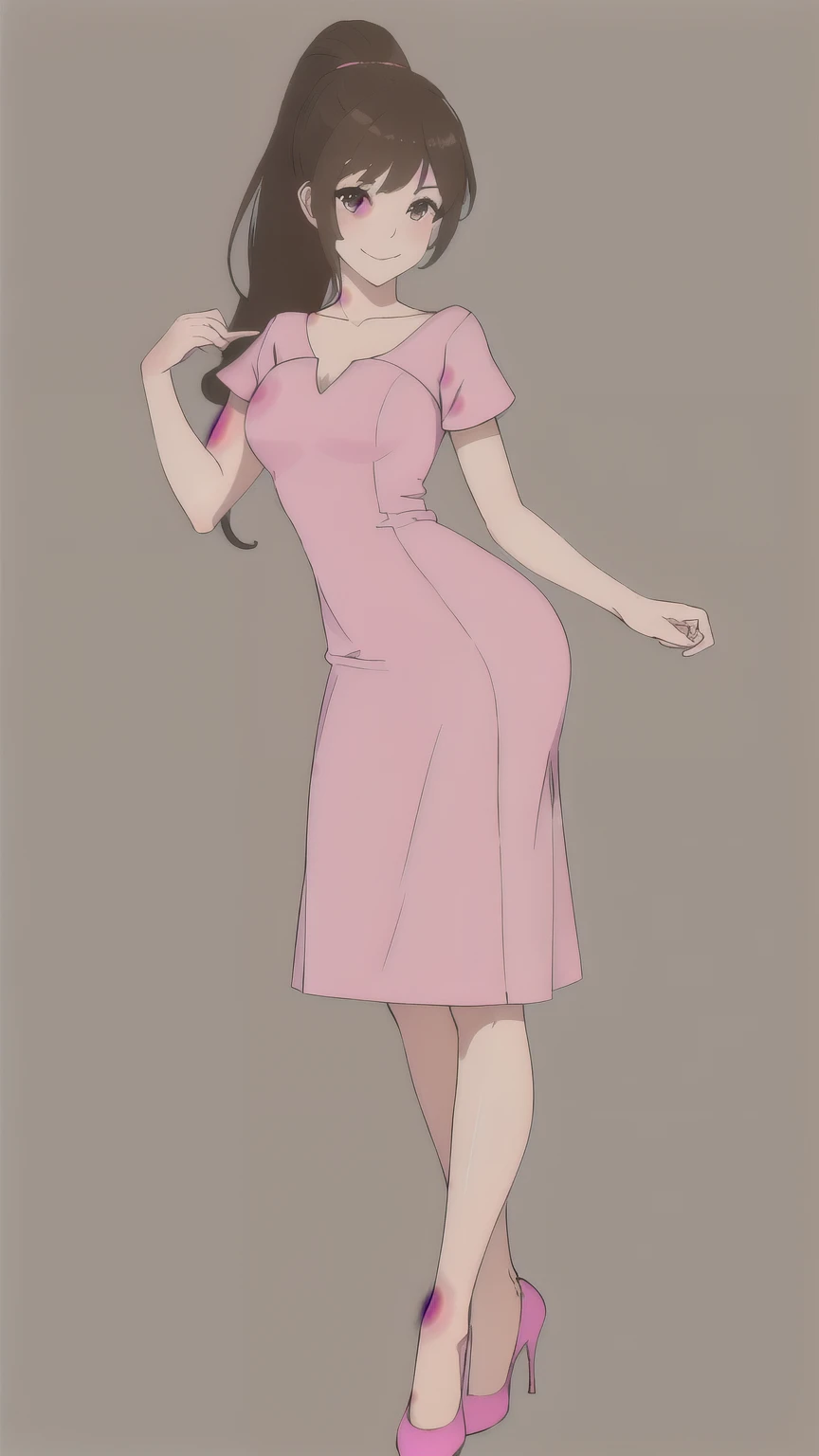 ultra detailed, masterpiece, best quality, solo, facing viewer, soft smile, light smile, 1girl, hazel eyes, very long hair, brown hair, long brown hair, high ponytail, bangs, posing, pink tight pencil dress, short sleeved dress, elegant dress, black pumps, tomboy, full body