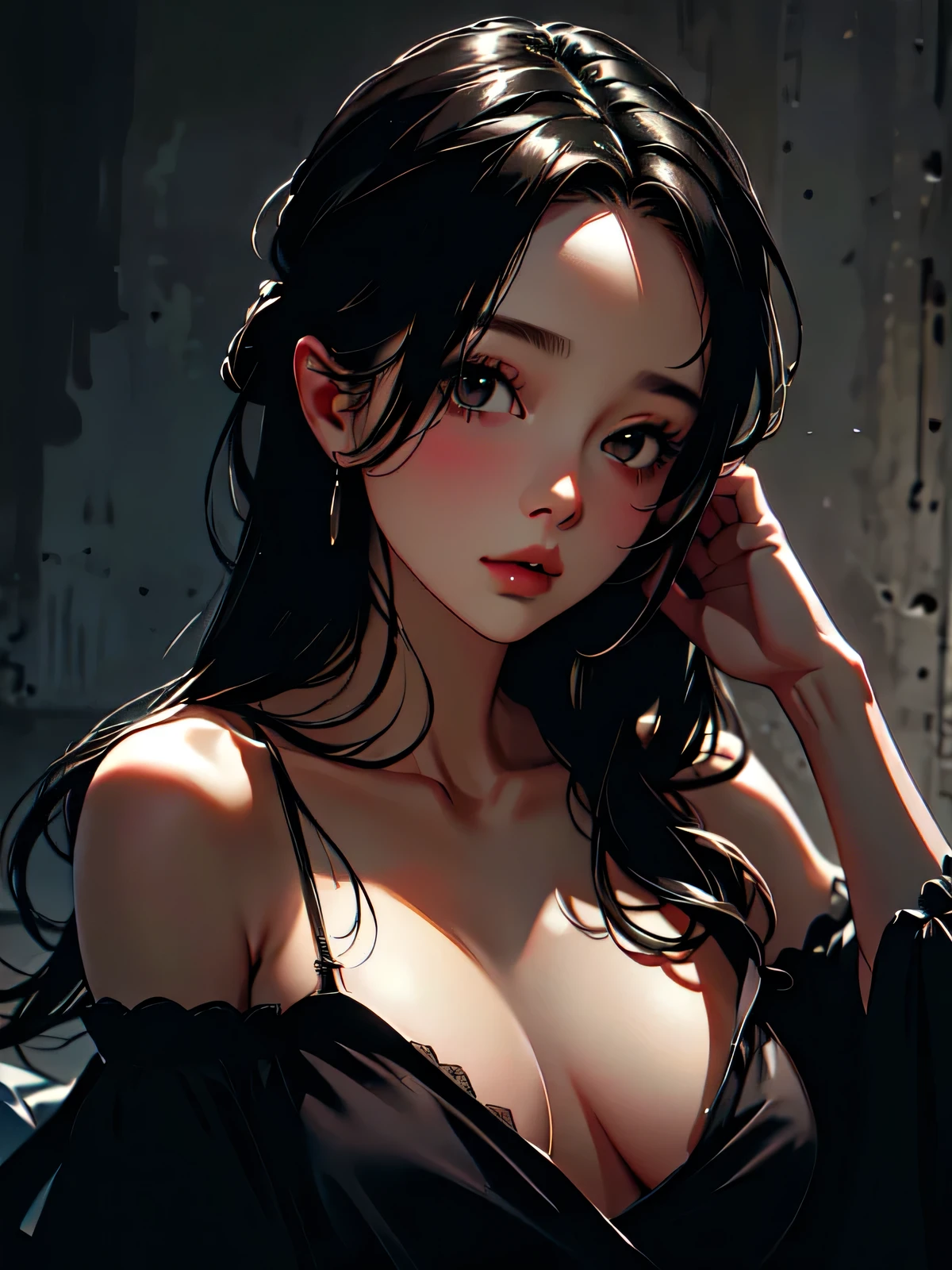 best quality,masterpiece,ultra high resolution,(lifelike:1.4),original photo,1 girl,Off the shoulders,in the darkness,deep shadow,low profile,cold light, 40 years old, very old, mature