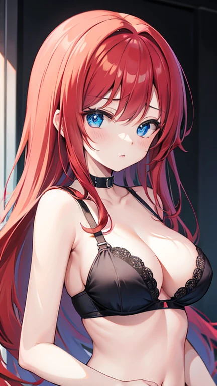 anime girl with red hair and blue eyes wearing a black bra
