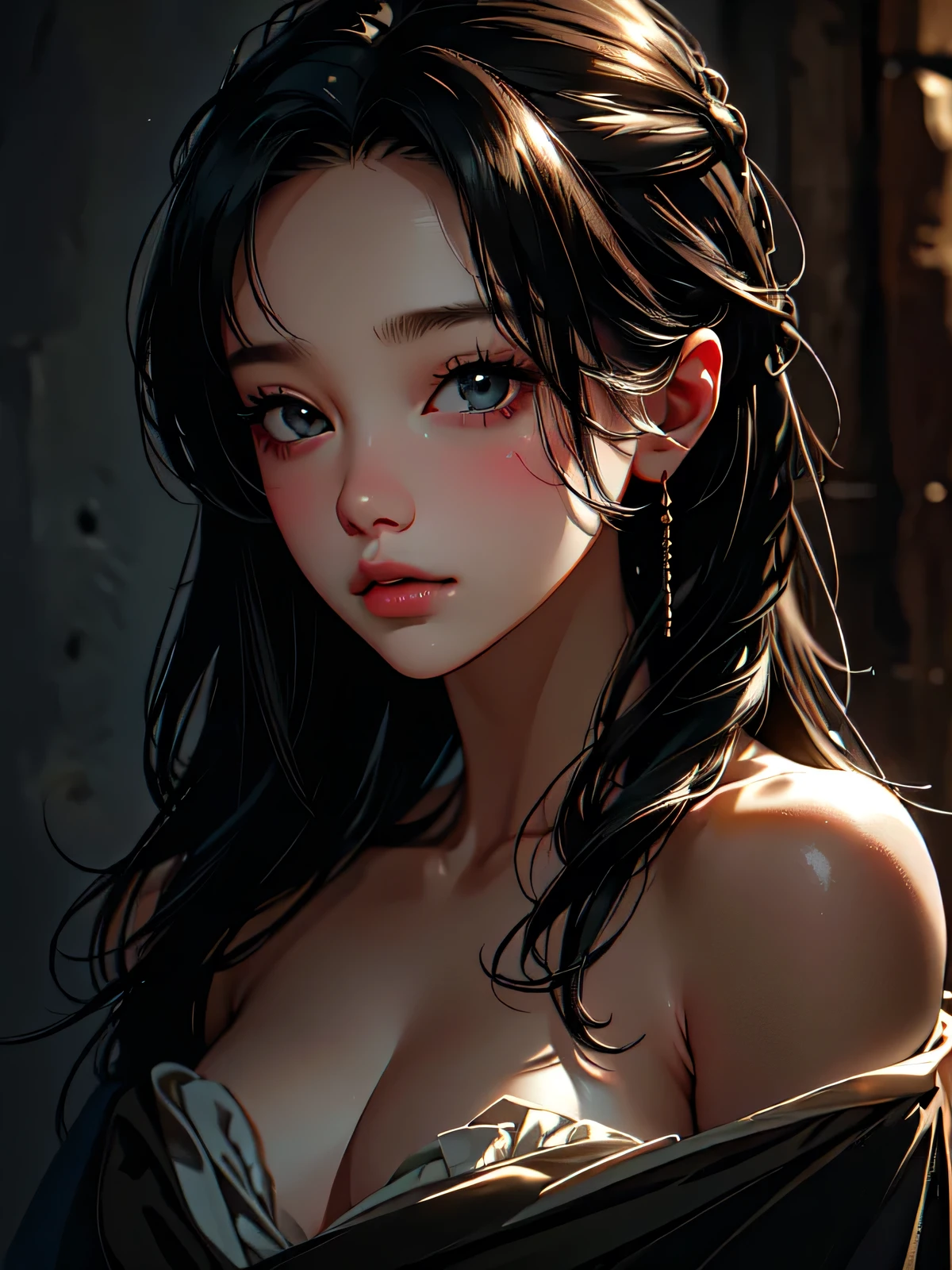 best quality,masterpiece,ultra high resolution,(lifelike:1.4),original photo,1 girl,Off the shoulders,in the darkness,deep shadow,low profile,cold light, 40 years old, very old, mature