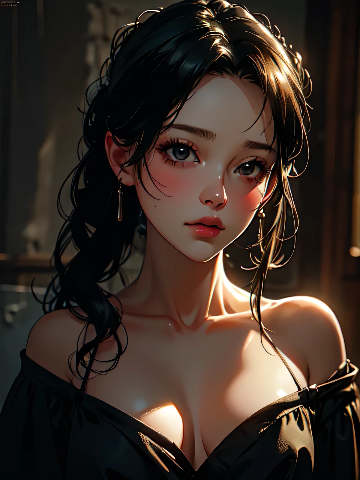 best quality,masterpiece,ultra high resolution,(lifelike:1.4),original photo,1 girl,Off the shoulders,in the darkness,deep shadow,low profile,cold light, 40 years old, very old, mature