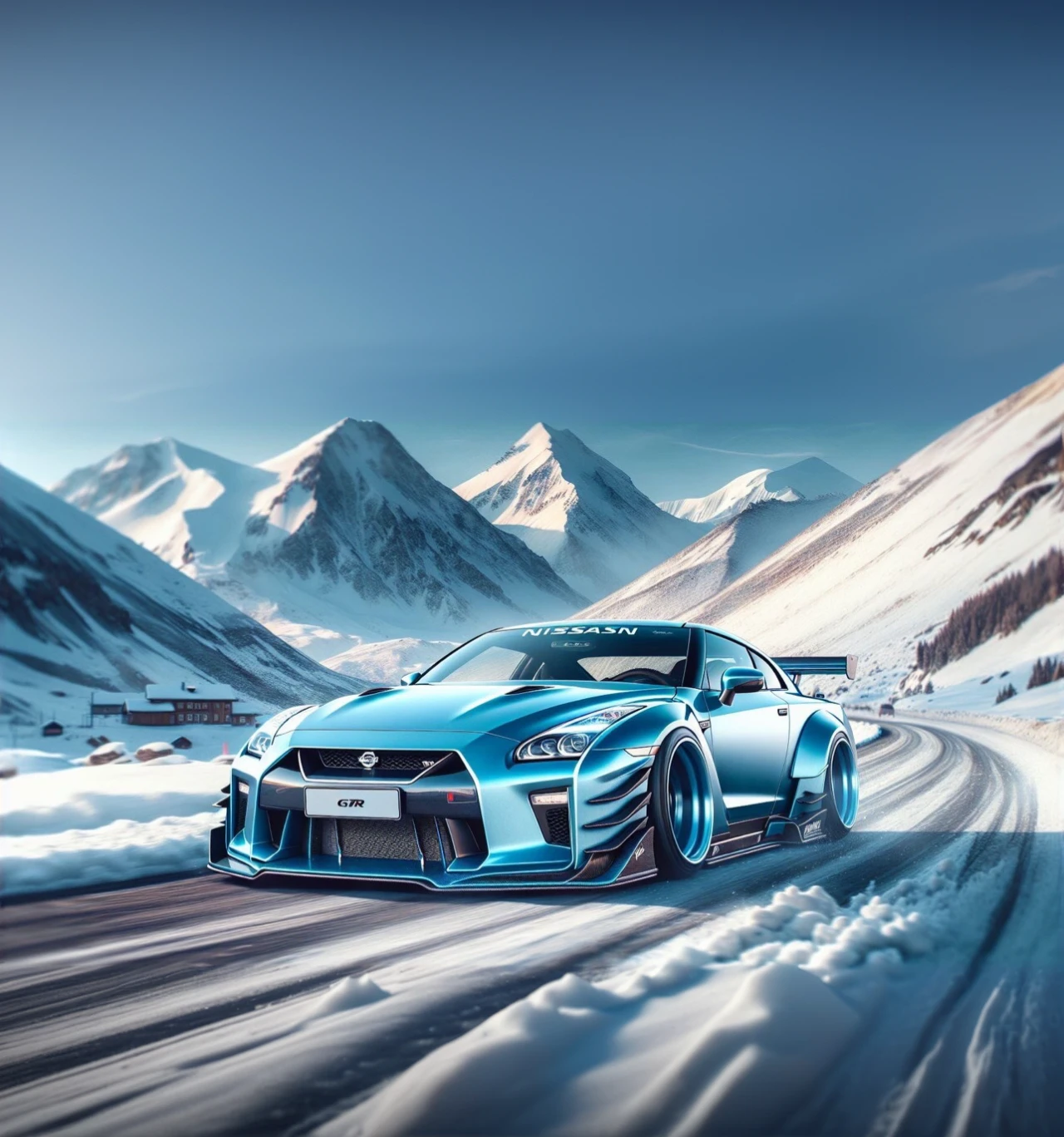 Nissan wide body Gtr,driving on the snow mountain 