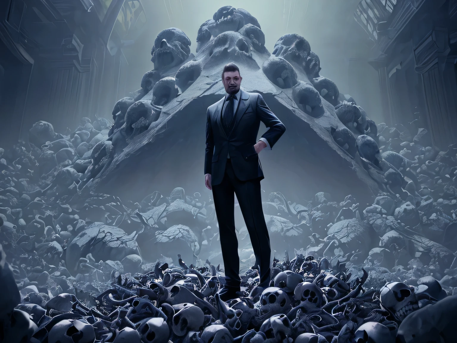a man in a suit standing on a pile of skulls, looking at the camera, with front angle, 4k, hyper-realistic, with close-up view, with intricate dathes, cinematic rendering, unreal engine, cinematic lighting.