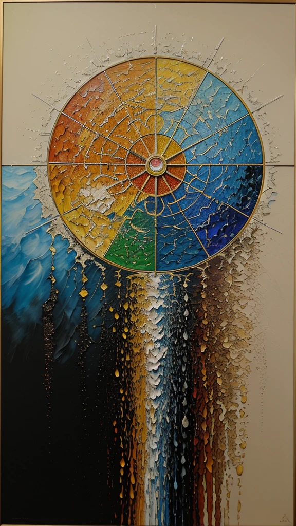 Masterpiece, oil painting, the wheel of the four elements of earth, water, wind, and fire, painting techniques focusing on details, semi-abstract images, color weight of paintings, uniqueness of images, unity of images, perfection.