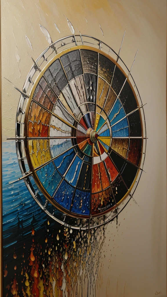 Masterpiece, oil painting, the wheel of the four elements of earth, water, wind, and fire, painting techniques focusing on details, semi-abstract images, color weight of paintings, uniqueness of images, unity of images, perfection.