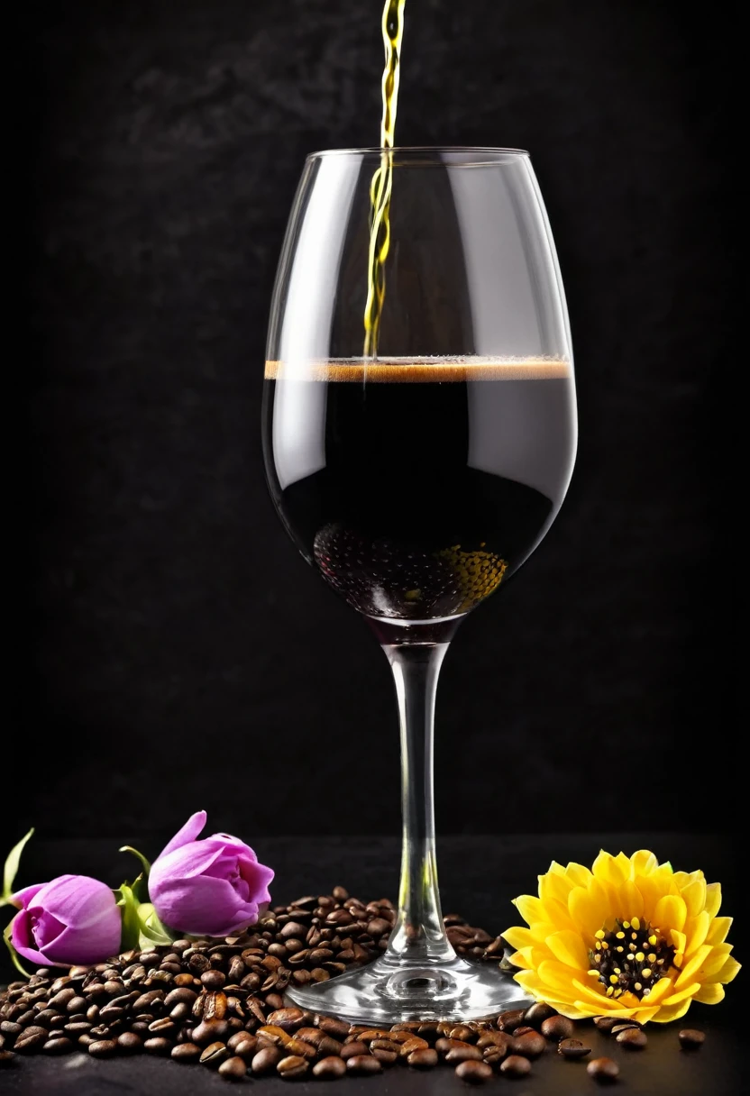 Advertisement for a coffee wine, con una botella de este en el medio, a wine glass on each side and flowers and coffee seeds at the bottom of the glass, finalmente con un fondo que denote elegancia