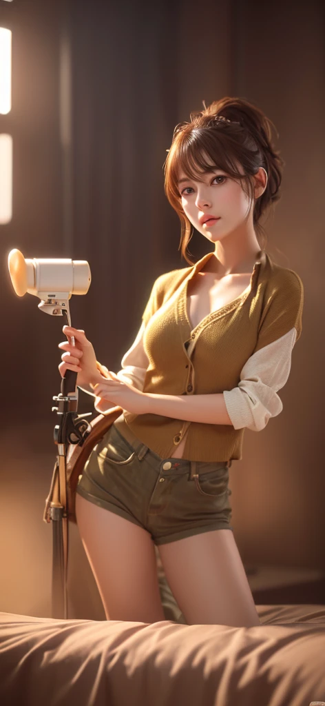 absurdres, foto RAW, mais alta qualidade, (obra-prima: 1.3), foto de cor RAW de alto detalhe, foto profissional, unidade de papel de parede CG 8k extremamente detalhada, foto-realista, realista, foto RAW, obra-prima, melhor qualidade, highres, illustration, 1girl, 19 ANOS, baixinha, cabelo solto, curly black hair, comprimento muito curto, pernas finas, rosto lindo perfeito realista, belos olhos castanhos detalhados, pele clara, textura de pele detalhada, seios bem pequenos, bunda grande, corpo bonito, sorriso. Pernas afastadas. Elegante. Saindo do banho, mostrando a bunda. Masturbation of girl. (design simples), cama, quarto de jovem.