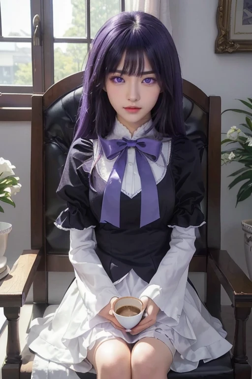 ultra-detailed, Beautiful Nose, Beautiful character design, perfect eyes, perfect face, ultra highres, girl in a chair with a cup of coffee, professional cosplay, HD Raw Photography, professional photoshoot, a cute girl, cosplay of anime girl in a maid costume, high detailed official artwork, in dress, frederica bernkastel, purple eyes, purple hair, long hair, 16K CGI, photorealistic, purple bow, dress, frills, empty eyes. expressionless, Masterpiece